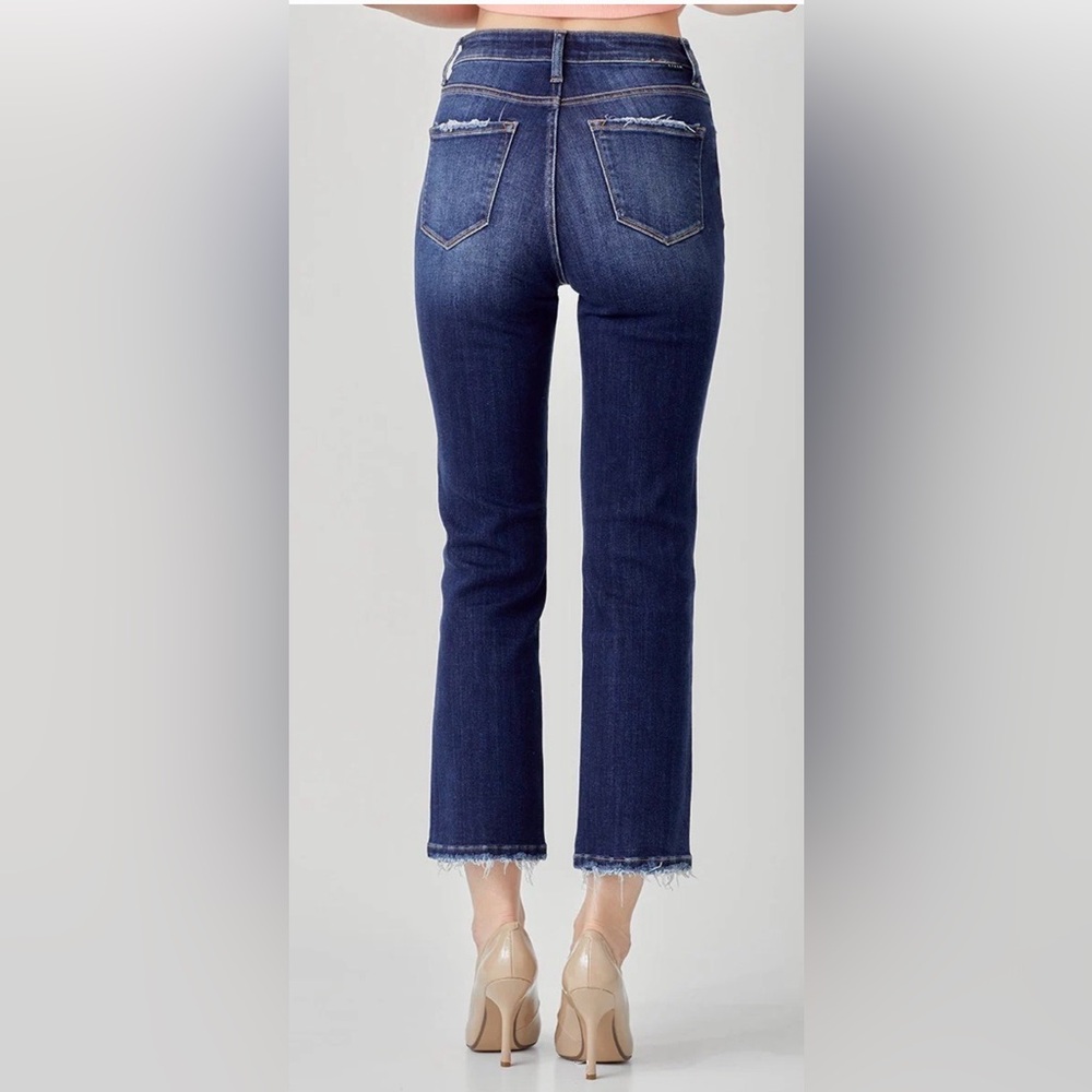 NWT RISEN High-Rise Crop Straight Jeans w/ Distressed Raw Hem Dark Blue 13/31 - Picture 3 of 16